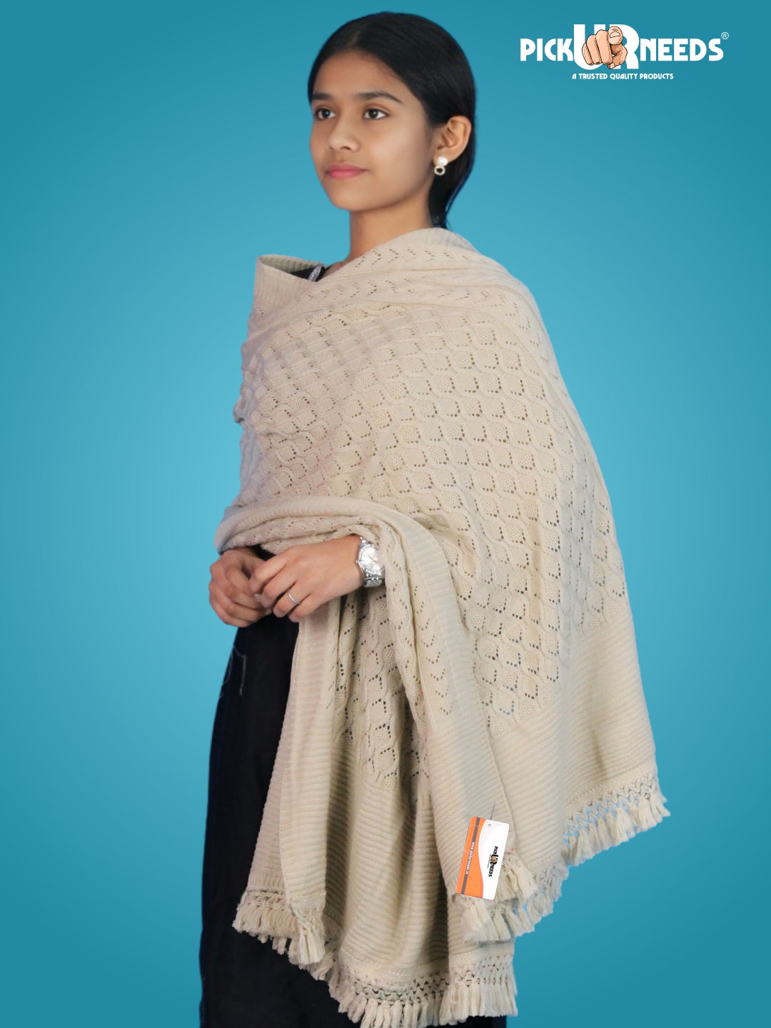 Pick Ur Needs Women’s Premium Knitted Winter Soft Shawl Woolen Warm Stole with Elegant Lace Pattern & Tassels For Girls