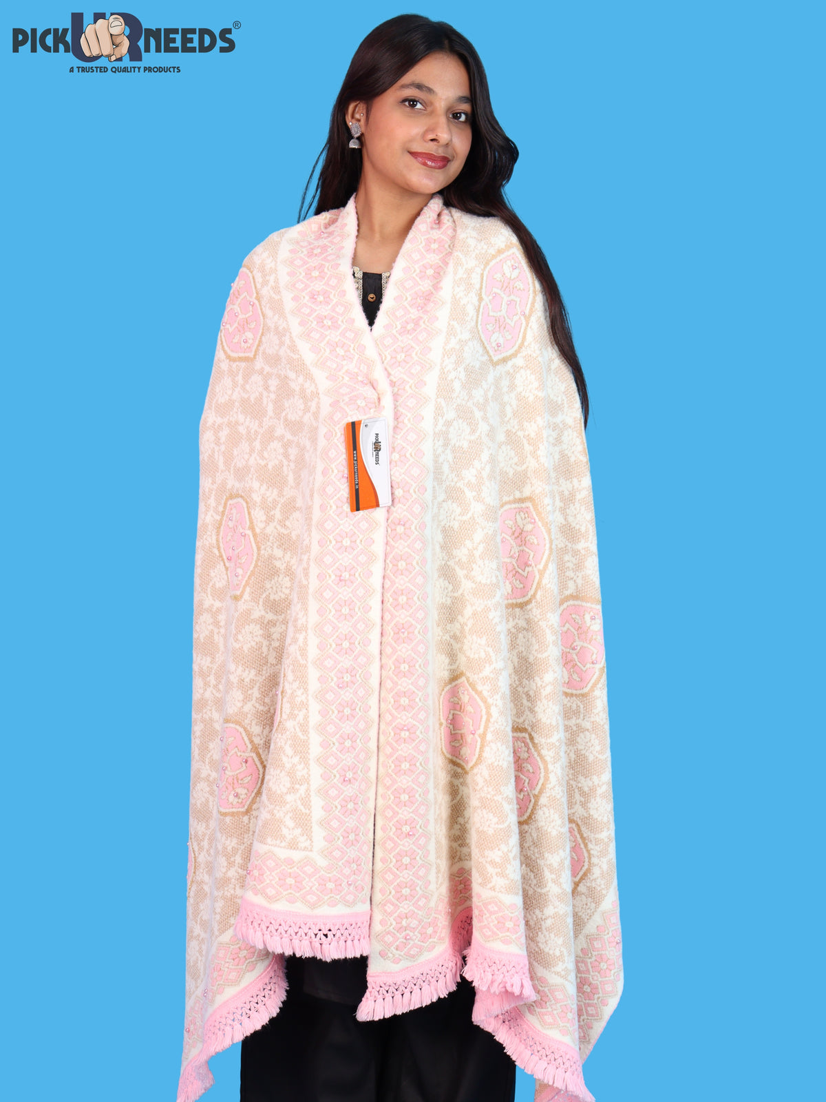 Pick Ur Needs Printed Women’s Woolen Shawl with Elegant Floral Pattern & Fur Border