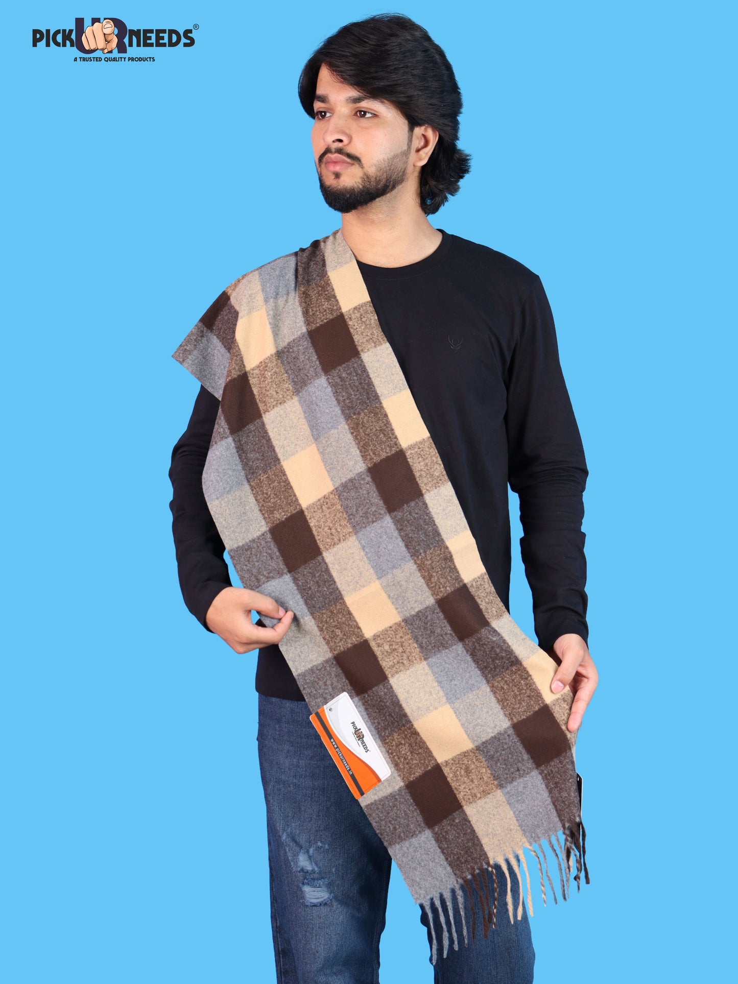 Pick Ur Needs Men’s Winter Muffler Shawl Soft Warm Checkered Scarf with Fringes  Stylish Neck Wrap for Men & Boys  Winter Wear Accessory