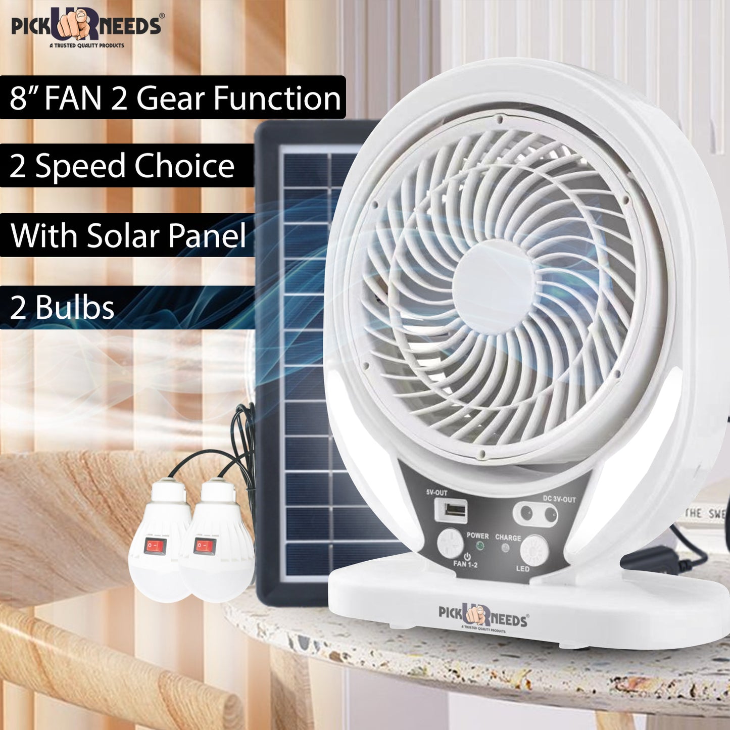 Pick Ur Needs Portable Solar Rechargeble Mini Desk Fan with 2 LED Light Bulb & Solar Panel 4500mAh Battery