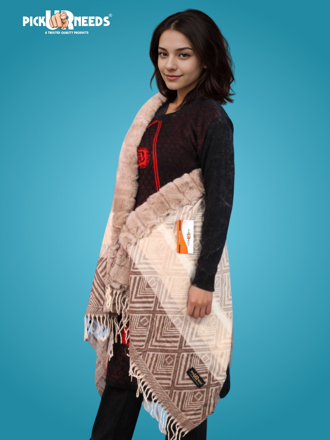 Pick Ur Needs Women's Winter Geometric Printed Faux Fur Border Shawl with Tassels  Soft Warm Wrap Stole for Casual, Party & Travel