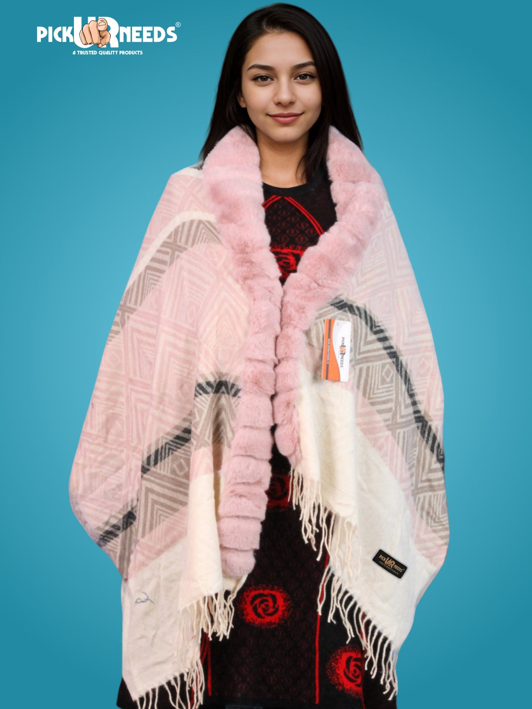 Pick Ur Needs Women's Winter Geometric Printed Faux Fur Border Shawl with Tassels  Soft Warm Wrap Stole for Casual, Party & Travel