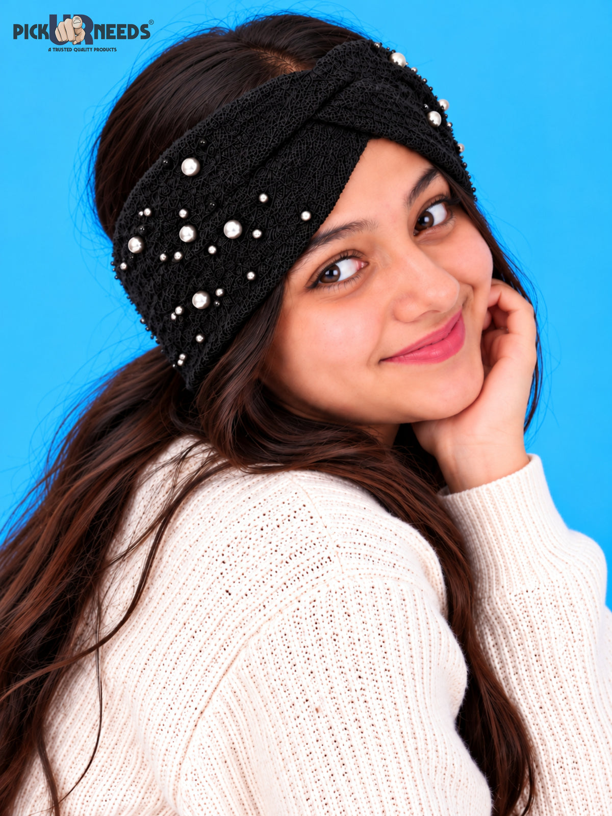Pick Ur Needs Winter Ear Warmer Kanpatti Soft Woolen Headband with Elegant Pearl Design Warm Stretchable For Womens & Girls