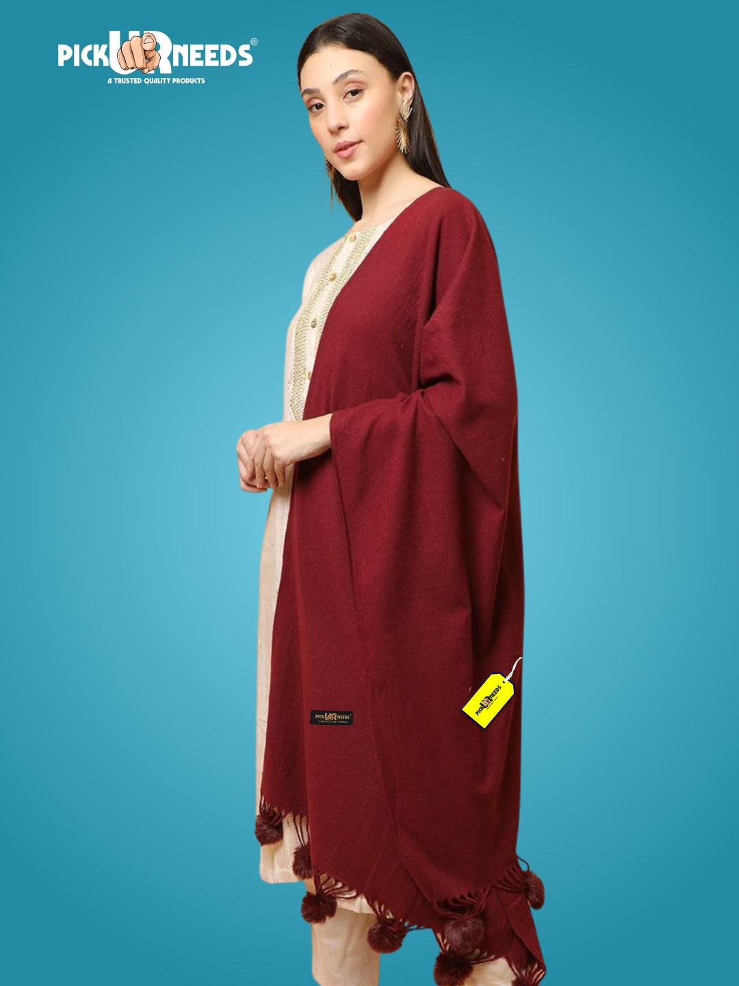 Pick Ur Needs Premium Women’s Wool Blend Scarf Soft Woolen Shawl Winter Stole with Tassels & Pom Poms