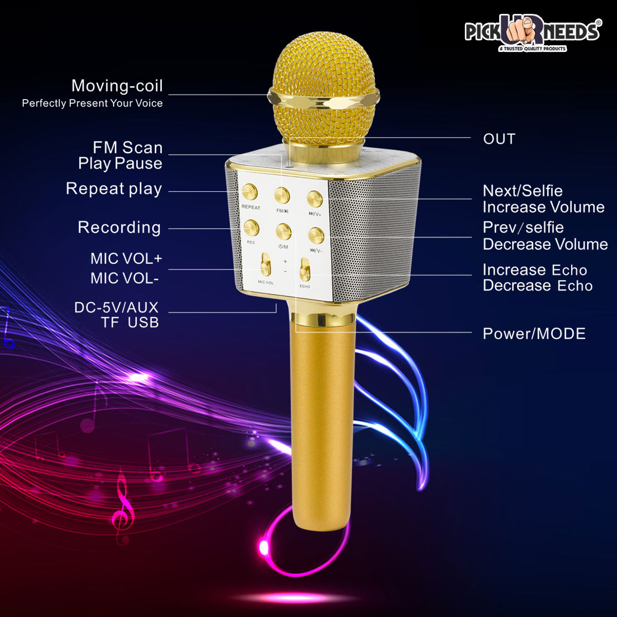 Pick Ur Needs Karaoke Mic with Led Light Wireless Bluetooth Microphone Connection Player Speaker 2-in1 with Recording + USB+FM