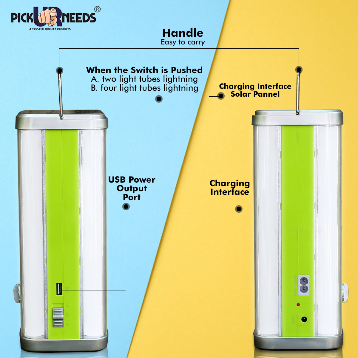 Pick Ur Needs High Range Rechargeable Home Emergency 4 Tube Lantern Light with with Solar Panel(3W+9V)