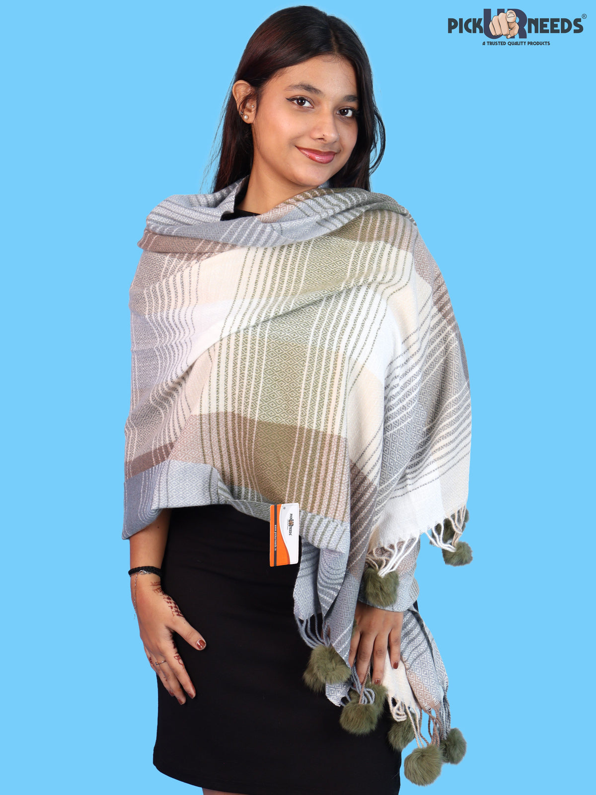 Pick Ur Needs Women & Girls Winter Shawl Soft Warm Striped Pattern Shawl with Tassel & Pom Pom Border Stylish Ladies Winter Wrap