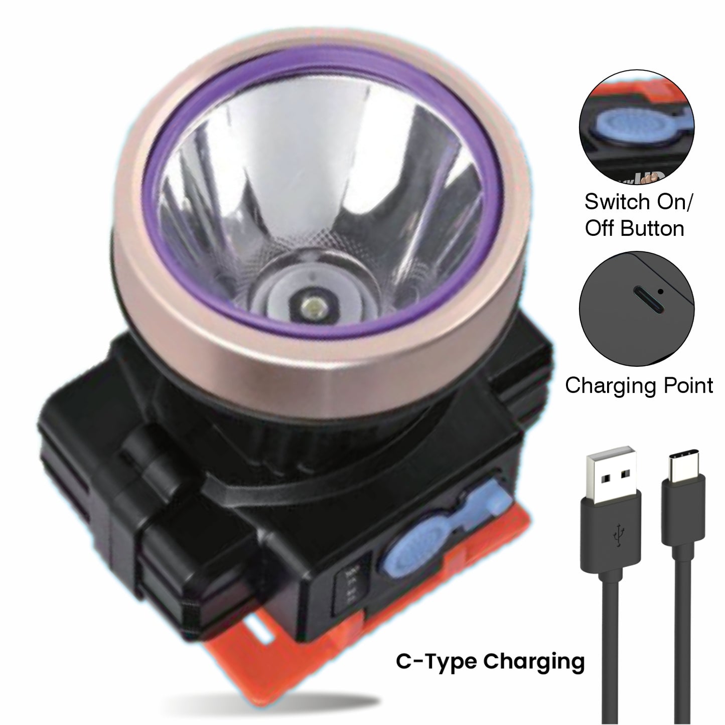 Pick Ur Needs Rechargeable Headlamp With 2400 mAh Lithium Battery Type C Charge 150 Watt Laser 5 hrs Torch Emergency Light  (Copper)