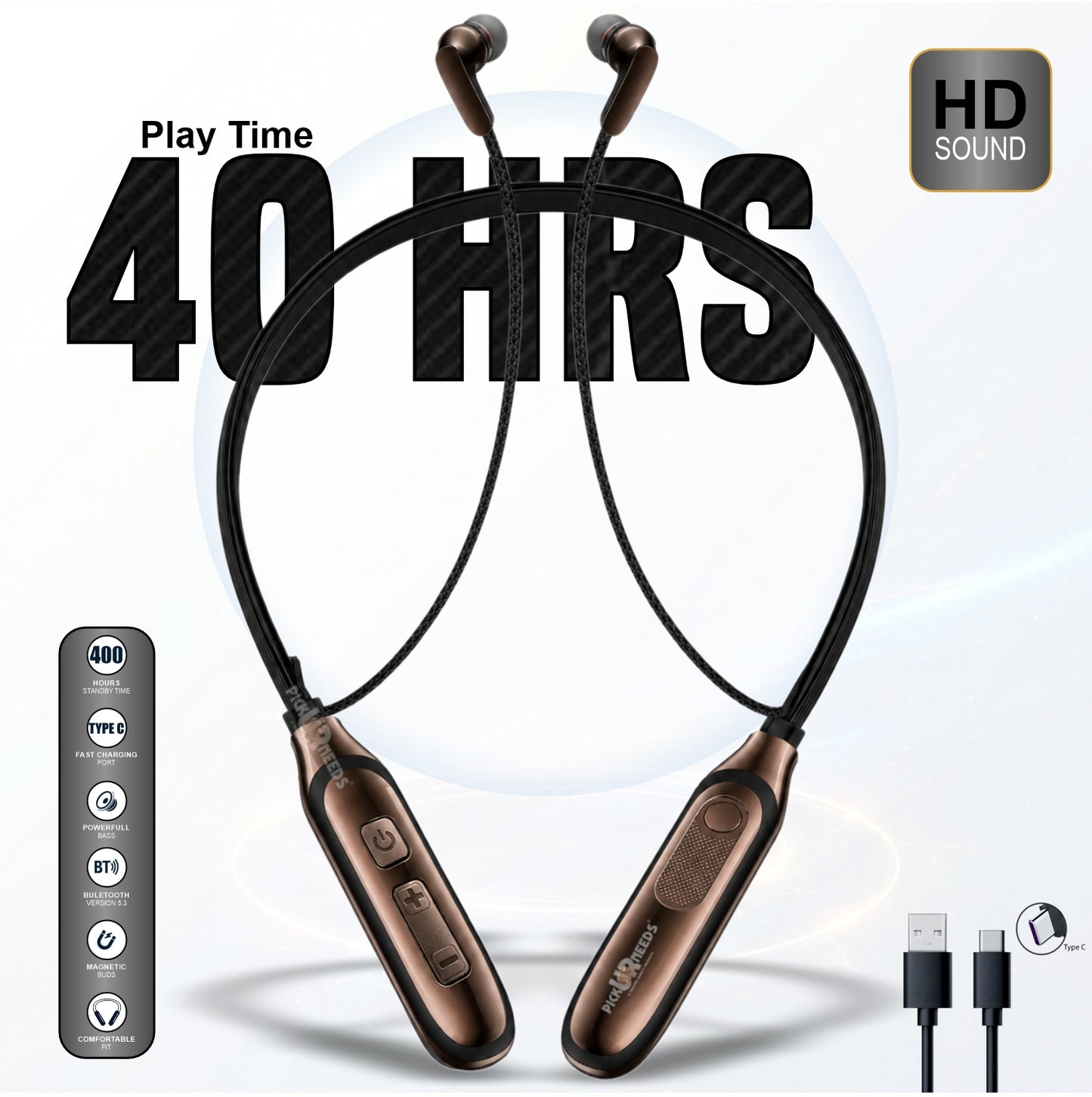 Wireless Neckband HD Sound, Magnetic Earbuds, Built-in Mic, Hands-Free Calling