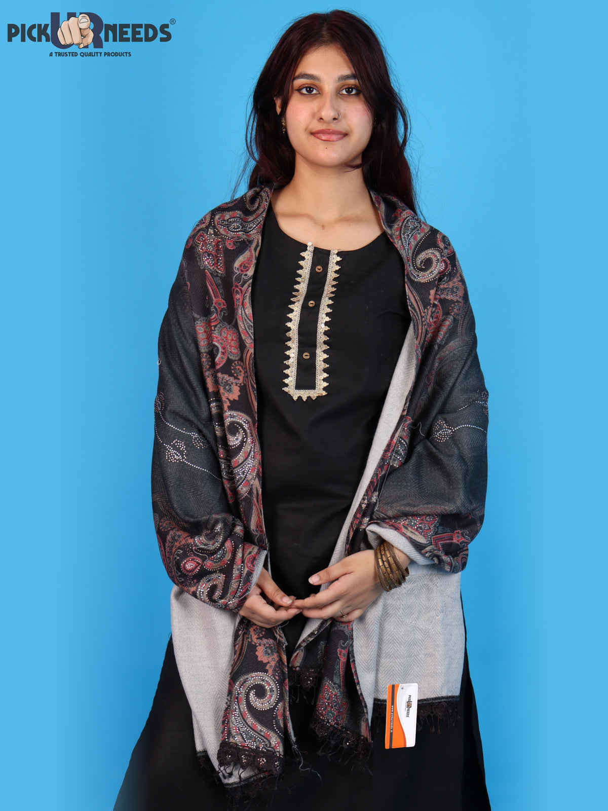 Pick Ur Needs Womens Designer Winter Elegant Floral Embellished Paisley Print Girls Shawl with Decorative Fringe Border