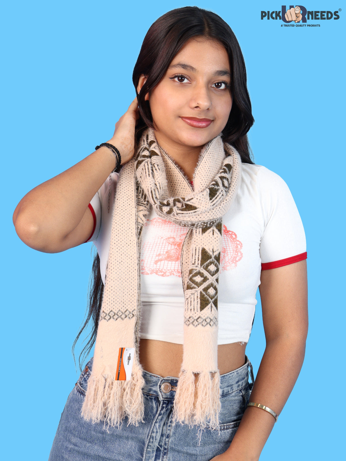 Pick Ur Needs Women & Girls Reversible Knitted Winter Muffler, Soft Warm Woollen Scarf with Geometric Pattern and Tassels, Lightweight Dual-Sided Winter Wrap