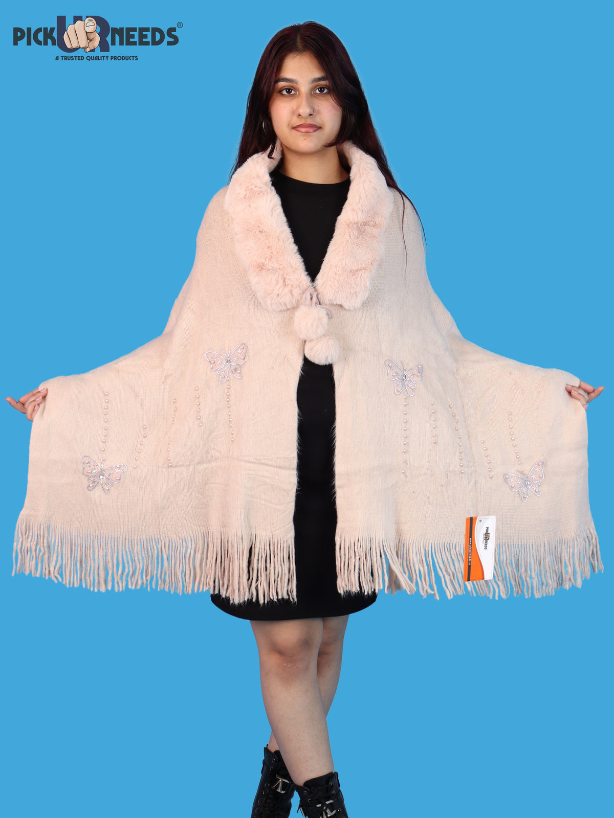 Pick Ur Needs Womens Faux Fur Collar Shrug with Pom Pom Tie Shawl Elegant Fringed Winter Wrap for Women & Girls
