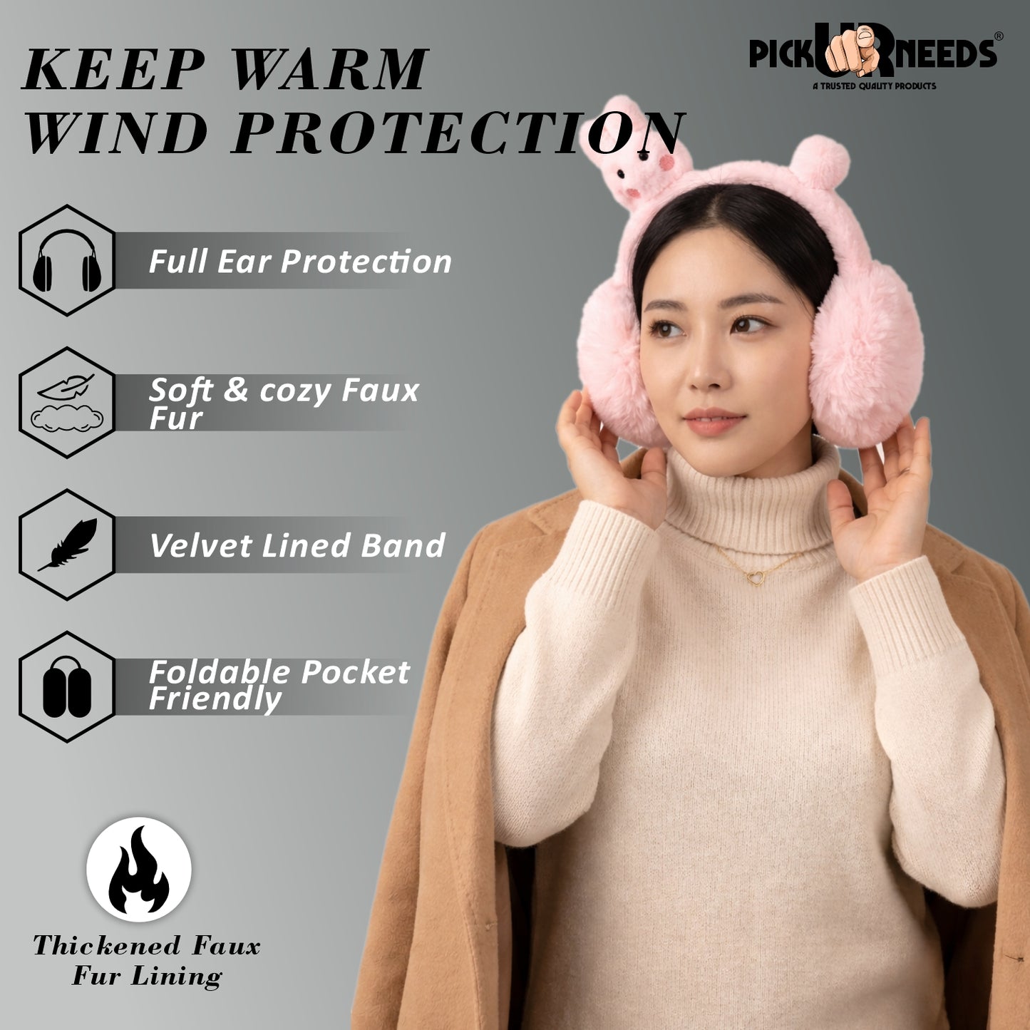 Pick Ur Needs Cute Bunny Ear Muffs for Women & Kids – Foldable Ultra-Soft Winter Earmuffs, Lightweight Plush Ear Warmers