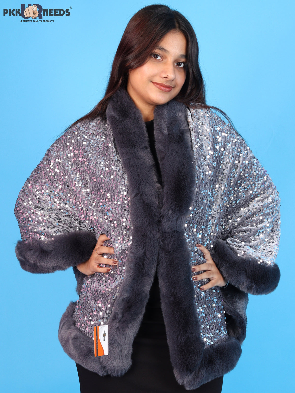 Pick Ur Needs Luxury Shrug for Women Sequin Outerwear with Soft Fur Collar Shawl Evening Wrap Poncho