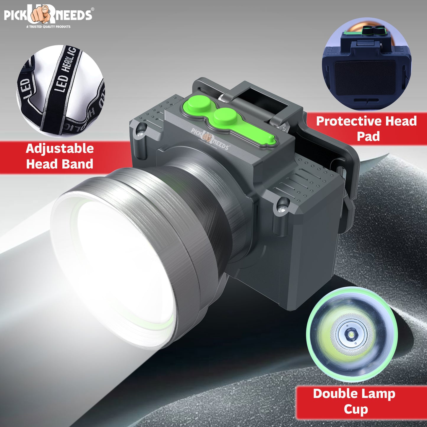 Pick Ur Needs Rechargeable Head Lamp With 3 Mode LED Almunium Body 150W Laser 2400 mAh Battery 3 hrs Torch Emergency Light