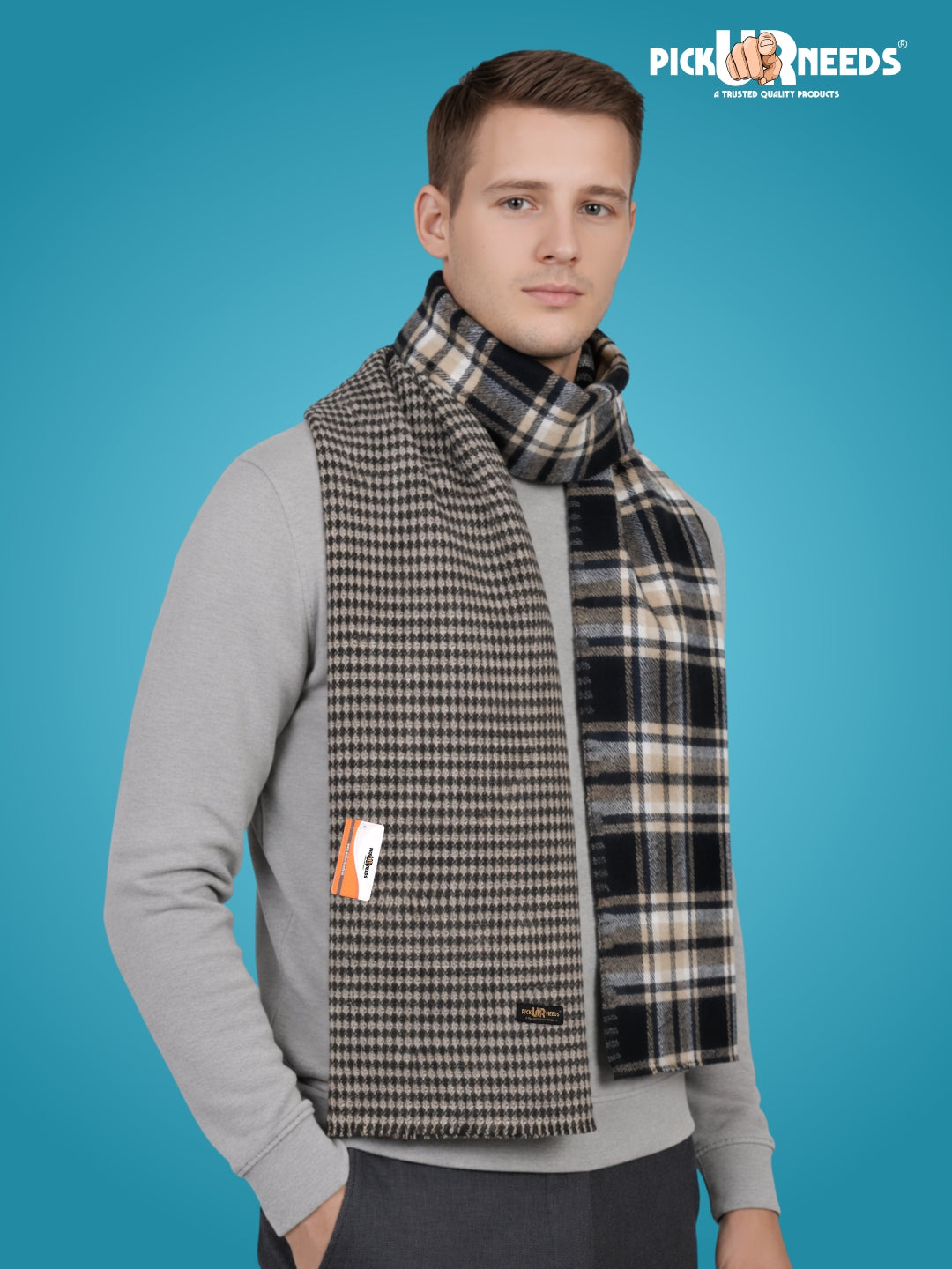Pick Ur Needs Reversible Winter Muffler for Men Premium Soft Wool Blend Scarf Dual-Design Check & Houndstooth Pattern Warm & Stylish Winter Neck Wrap