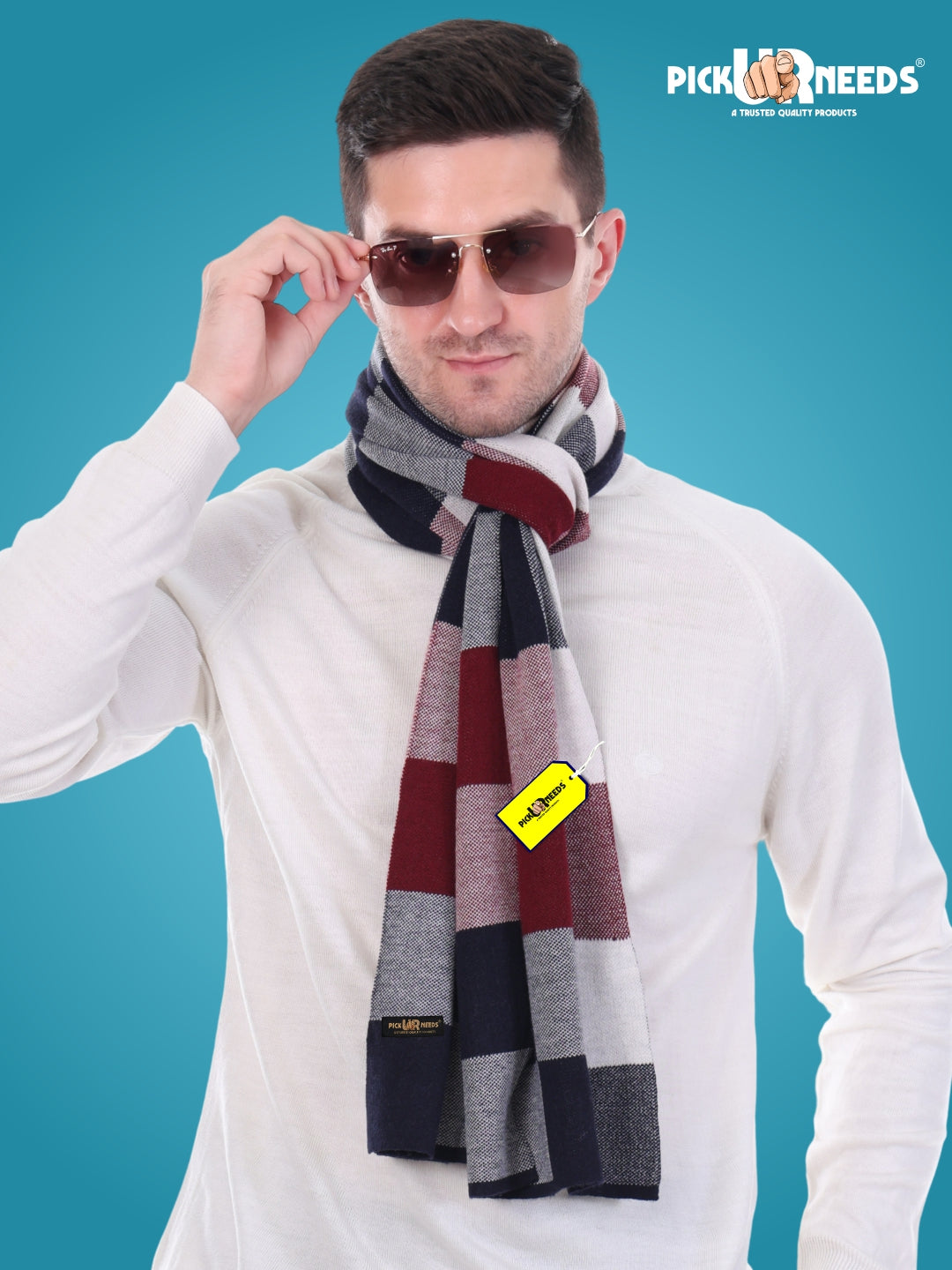 Pick Ur Needs Men’s Woolen Muffler Stylish Checked Soft & Warm Wool Blend Winter Scarf Hand Washable Neck Wrap