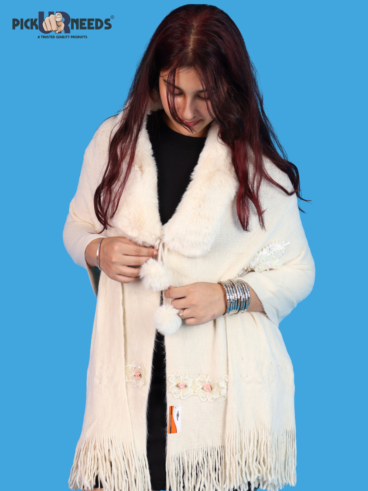 Pick Ur Needs Womens Premium Winter Shawl Shrug with Soft Fur Collar, Floral Embroidery, Pom-Pom Tie & Fringe Detailing Stylish Warm Wrap for Girls