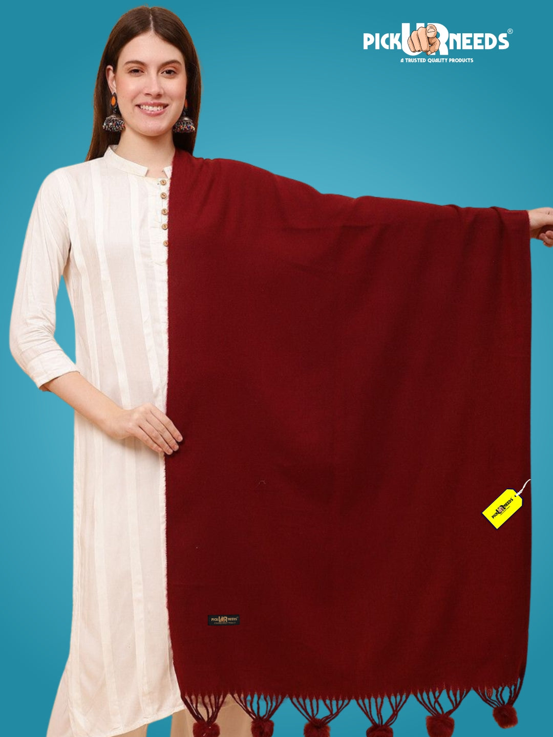 Pick Ur Needs Premium Women’s Wool Blend Scarf Soft Woolen Shawl Winter Stole with Tassels & Pom Poms