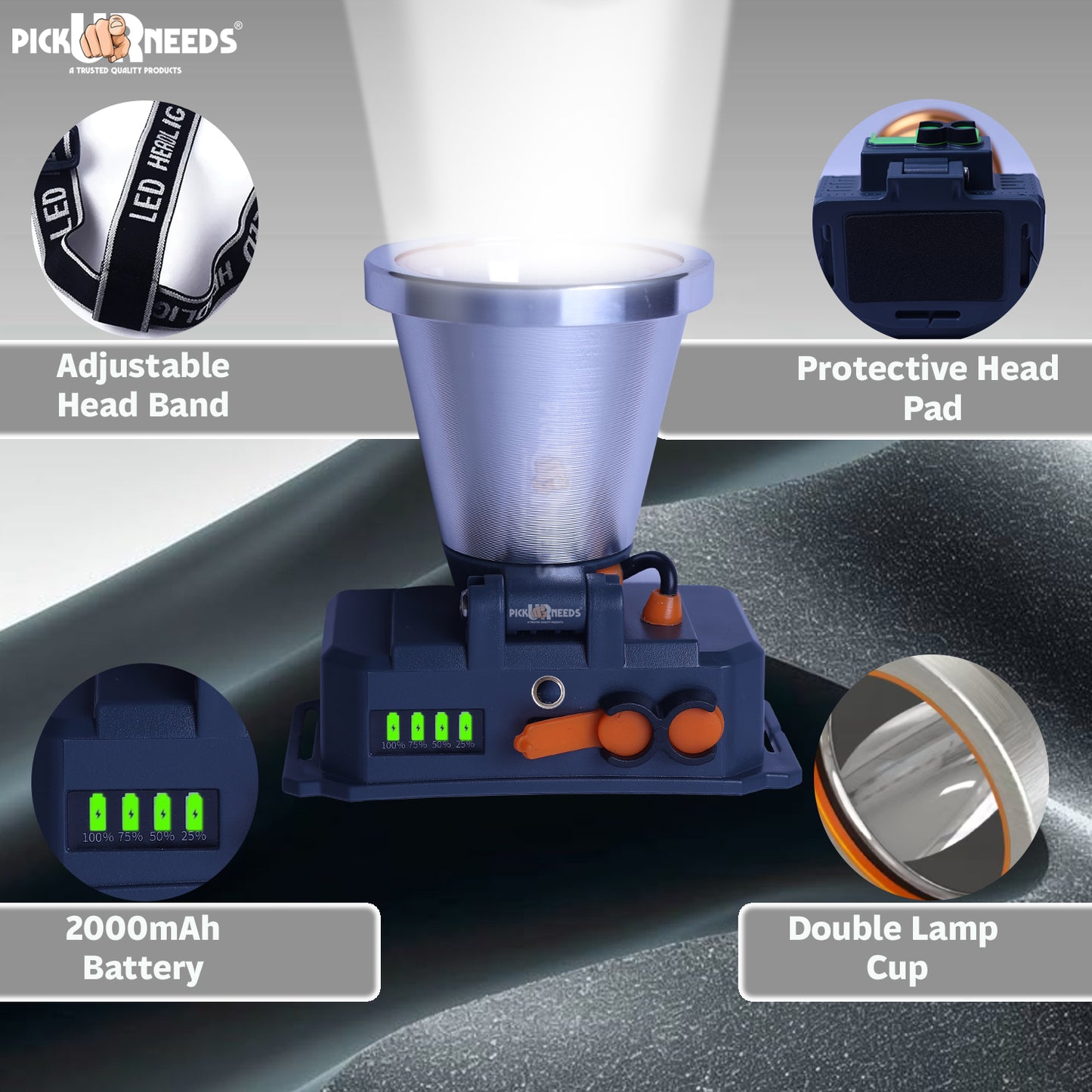 Pick Ur Needs Chargeable Head Lamp 3 Blink Mode Aluminum Body 4000mAh Battery 200W Bright LED 5 hrs Torch Emergency Light