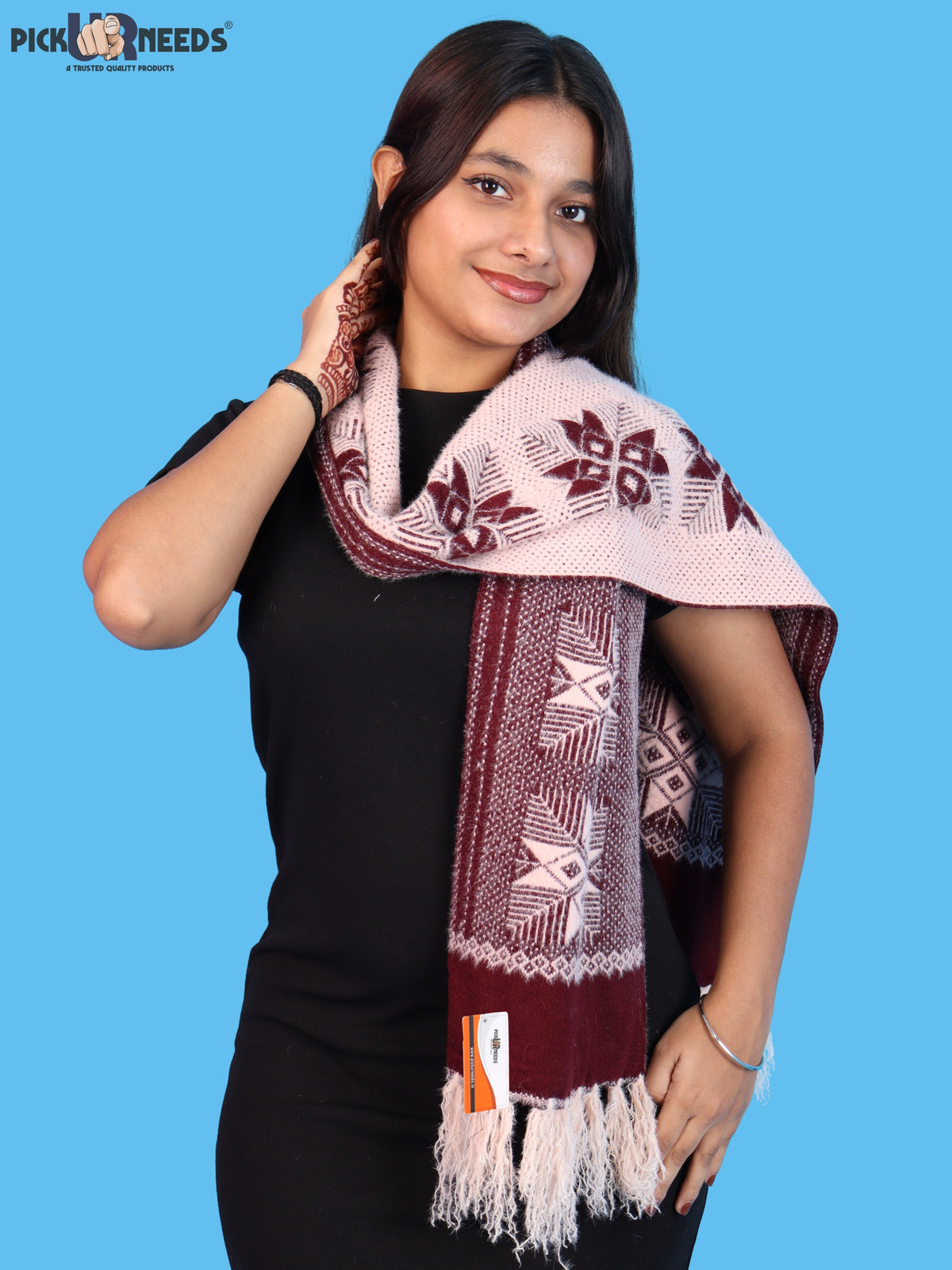Pick Ur Needs Women & Girls Reversible Knitted Winter Muffler, Soft Warm Woollen Scarf with Geometric Pattern and Tassels, Lightweight Dual-Sided Winter Wrap