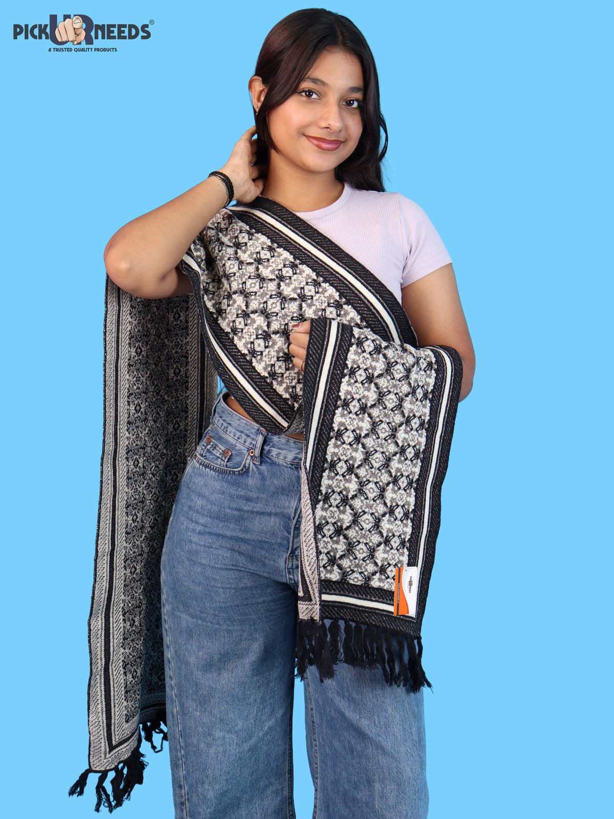 Pick Ur Needs Womens & Girls Super Soft Knitted Woolen Muffler Warm Winter Neck Scarf with Elegant Printed Design & Tassels