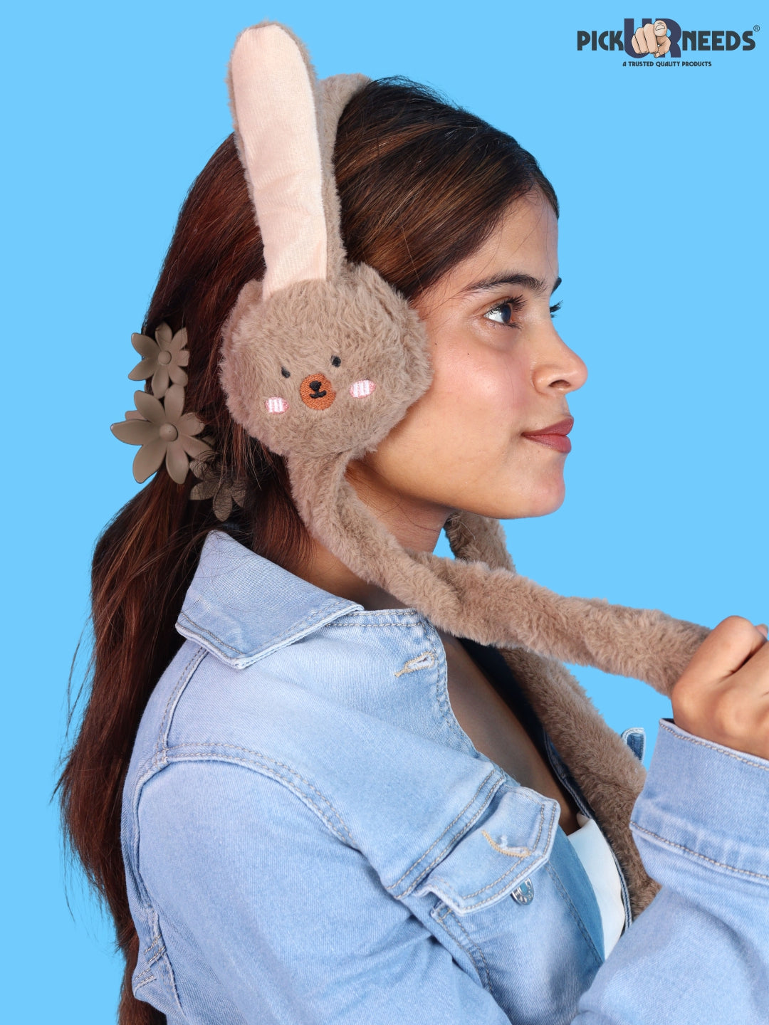 Pick Ur Needs Plush Bunny Cute Earmuffs for Girls & Women with RGB LED Lights,Ultra Soft Warm Winter Moving Flapping Ears Muffs
