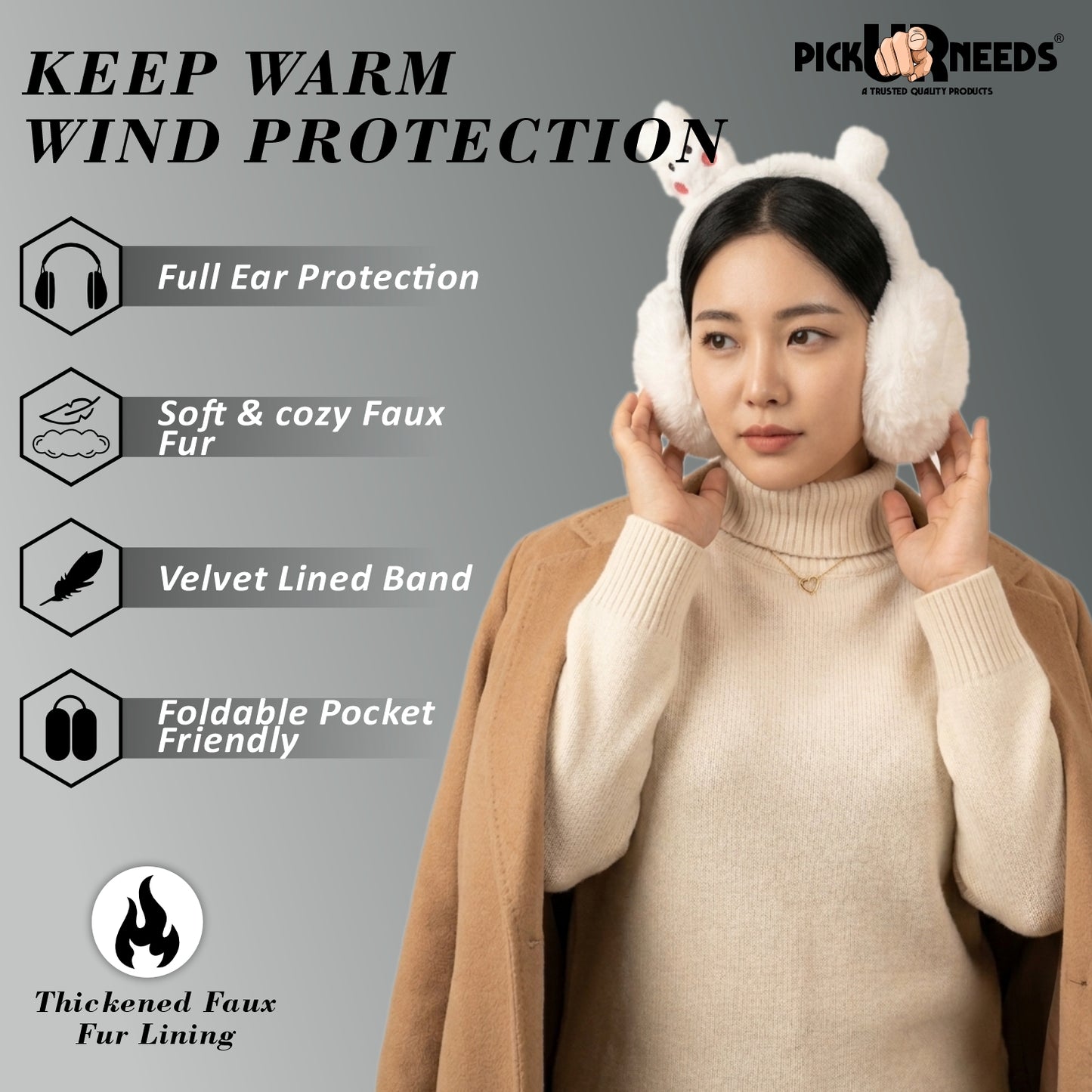Pick Ur Needs Cute Bunny Ear Muffs for Women & Kids – Foldable Ultra-Soft Winter Earmuffs, Lightweight Plush Ear Warmers