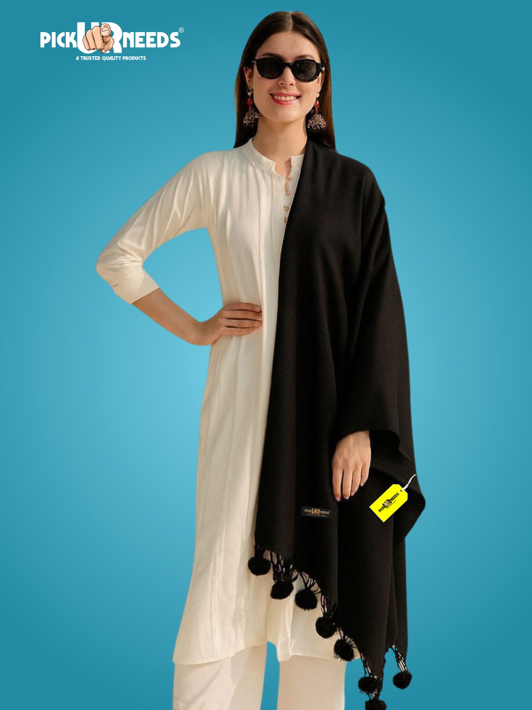 Pick Ur Needs Premium Women’s Wool Blend Scarf Soft Woolen Shawl Winter Stole with Tassels & Pom Poms