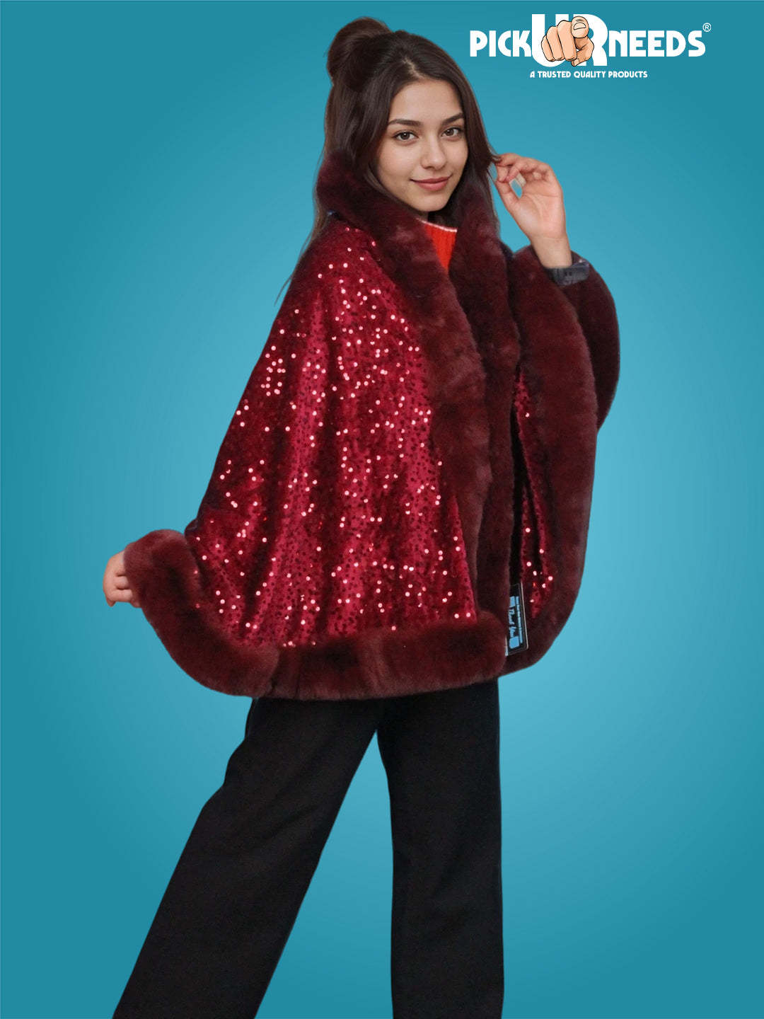 Visit the Pick Ur Needs Store Pick Ur Needs Luxury Sequin Faux Fur Shawl for Women Poncho & Winter Shrug Soft Warm Designer Wrap for Evening Parties