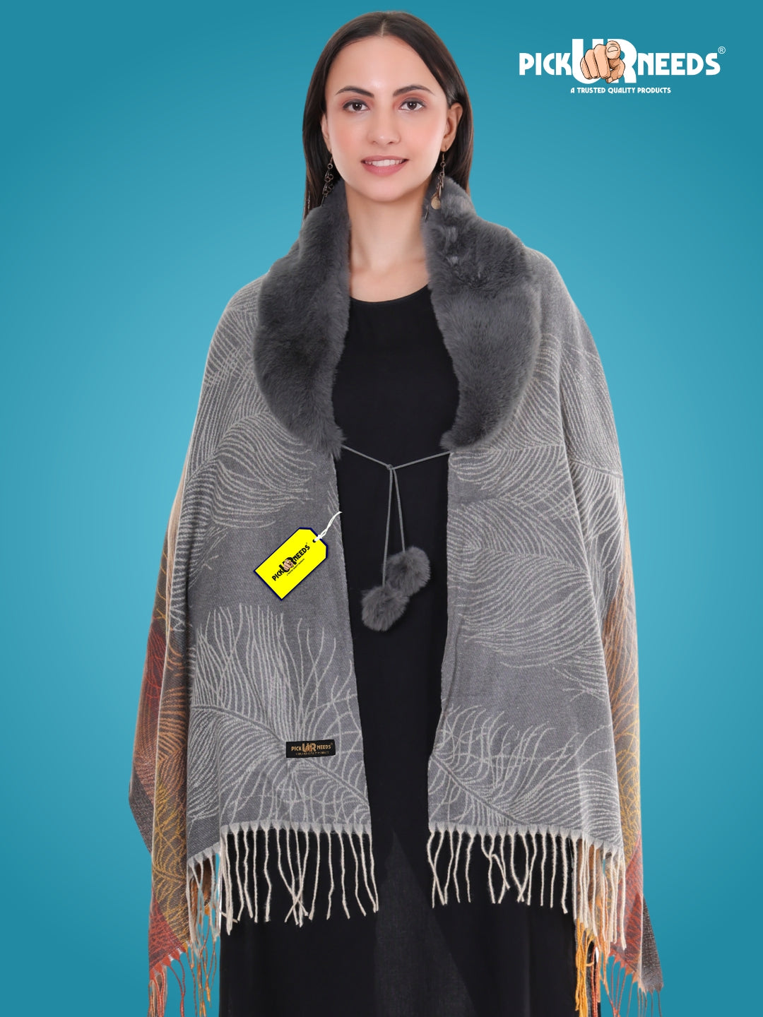 Pick Ur Needs Women’s Winter Shawl  Soft Woolen Stole with Faux Fur Collar  Elegant Poncho Shrug Wrap for Winter Warm Designer Scarf for Ladies