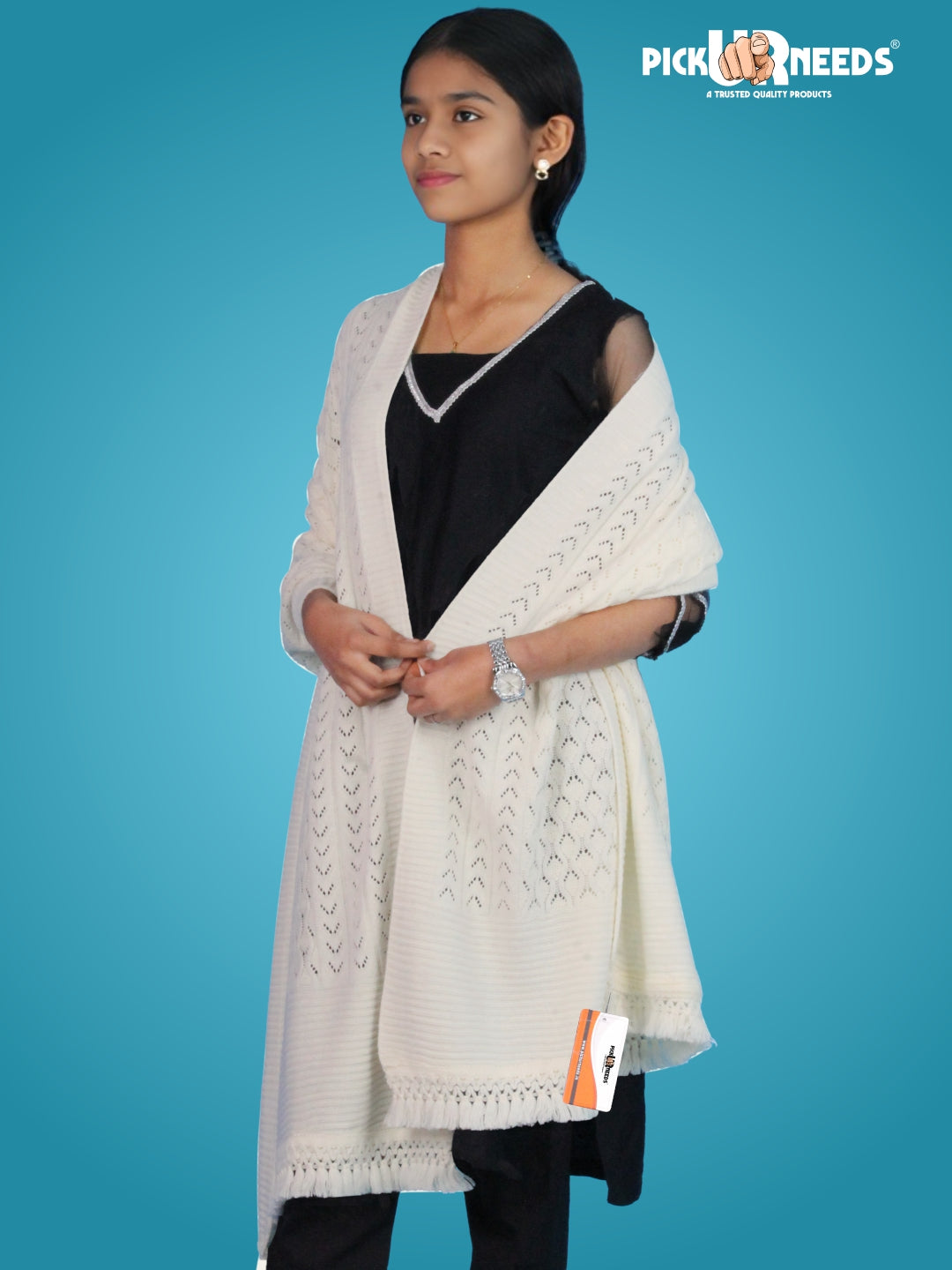 Pick Ur Needs Women’s Premium Knitted Winter Soft Shawl Woolen Warm Stole with Elegant Lace Pattern & Tassels For Girls