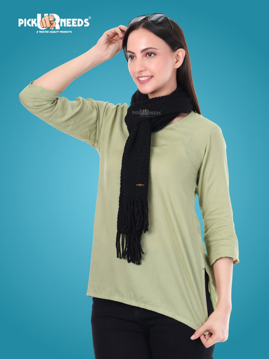 Pick Ur Needs Women's Chunky Knit Scarf  Soft, Warm & Breathable Winter Muffler  Unisex Solid Tan Textured Knit with Fringes