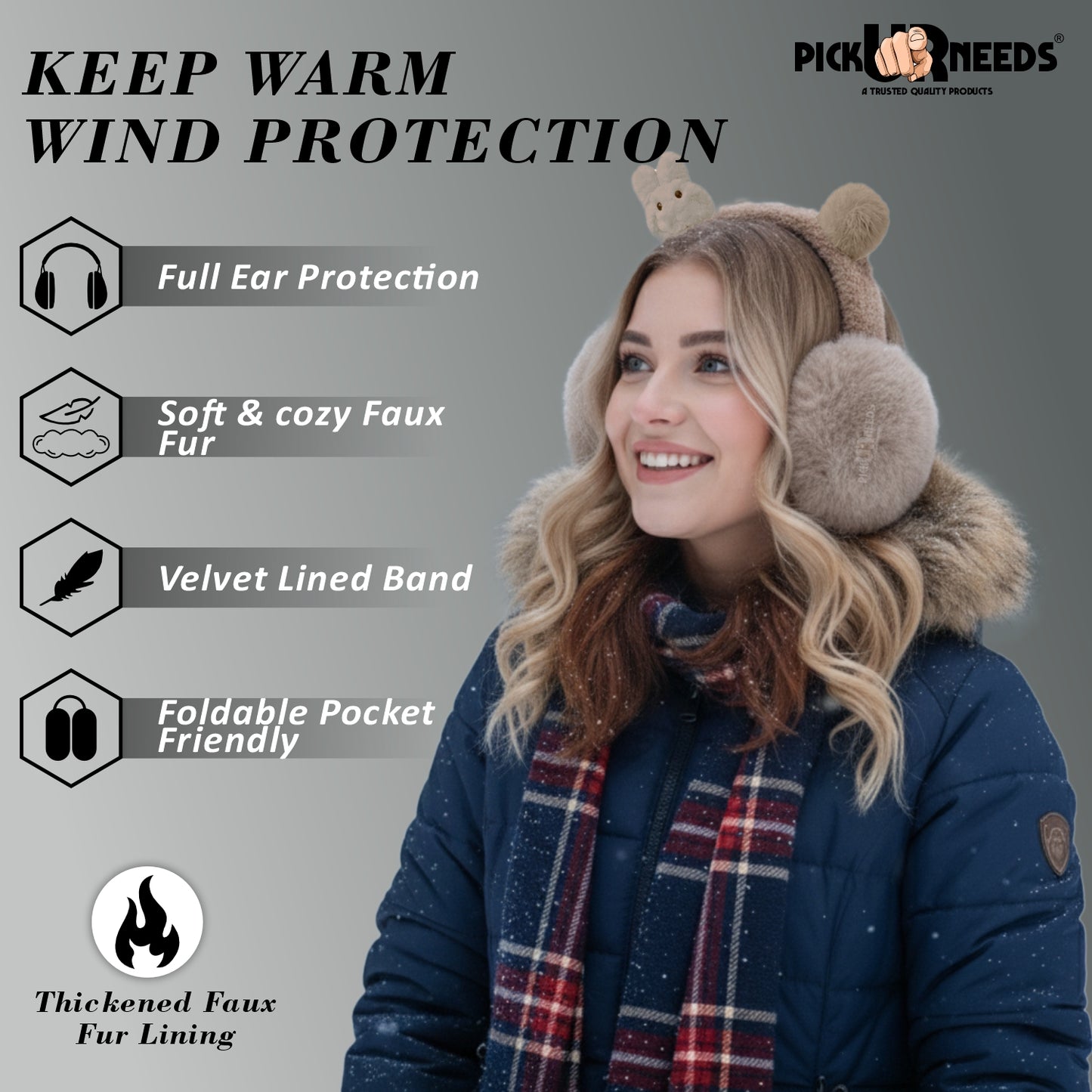 Pick Ur Needs Cute Bunny Ear Muffs for Women & Kids – Foldable Ultra-Soft Winter Earmuffs, Lightweight Plush Ear Warmers