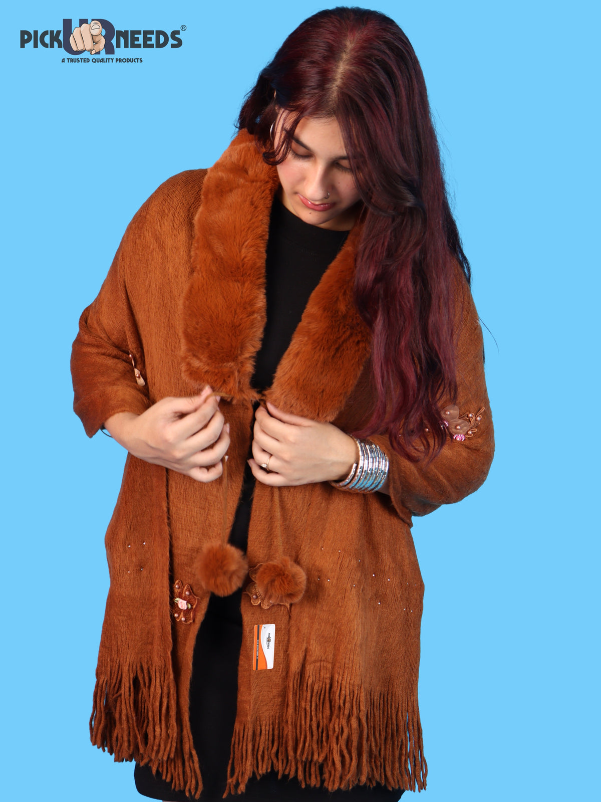Pick Ur Needs Womens Premium Winter Shawl Shrug with Soft Fur Collar, Floral Embroidery, Pom-Pom Tie & Fringe Detailing Stylish Warm Wrap for Girls