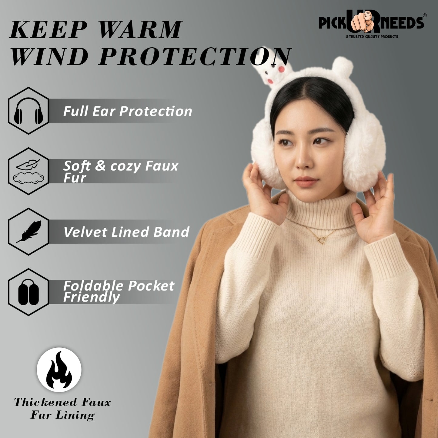 Pick Ur Needs Cute Bunny Ear Muffs for Women & Kids – Foldable Ultra-Soft Winter Earmuffs, Lightweight Plush Ear Warmers