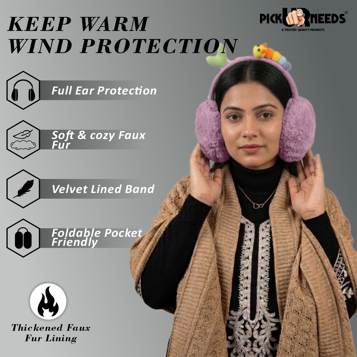 Pick Ur Needs Cute Caterpillar Ear Muffs for Women & Girls – Fluffy Plush Winter Earmuffs, Ear Warmers, Soft Cozy Outdoor Accessory