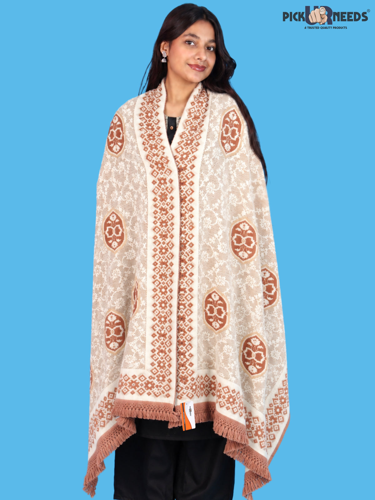Pick Ur Needs Printed Women’s Woolen Shawl with Elegant Floral Pattern & Fur Border