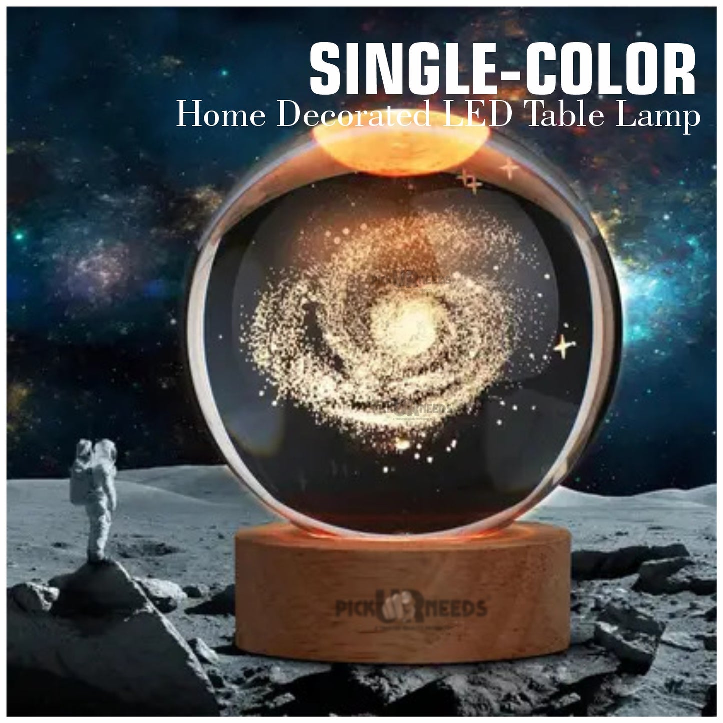 Pick Ur Needs 3D Galaxy Laxmi Ganesh Crystal Ball Night Light– Beech Wood Base– Decor for Home Night Lamp  (9.5 cm, Gold)