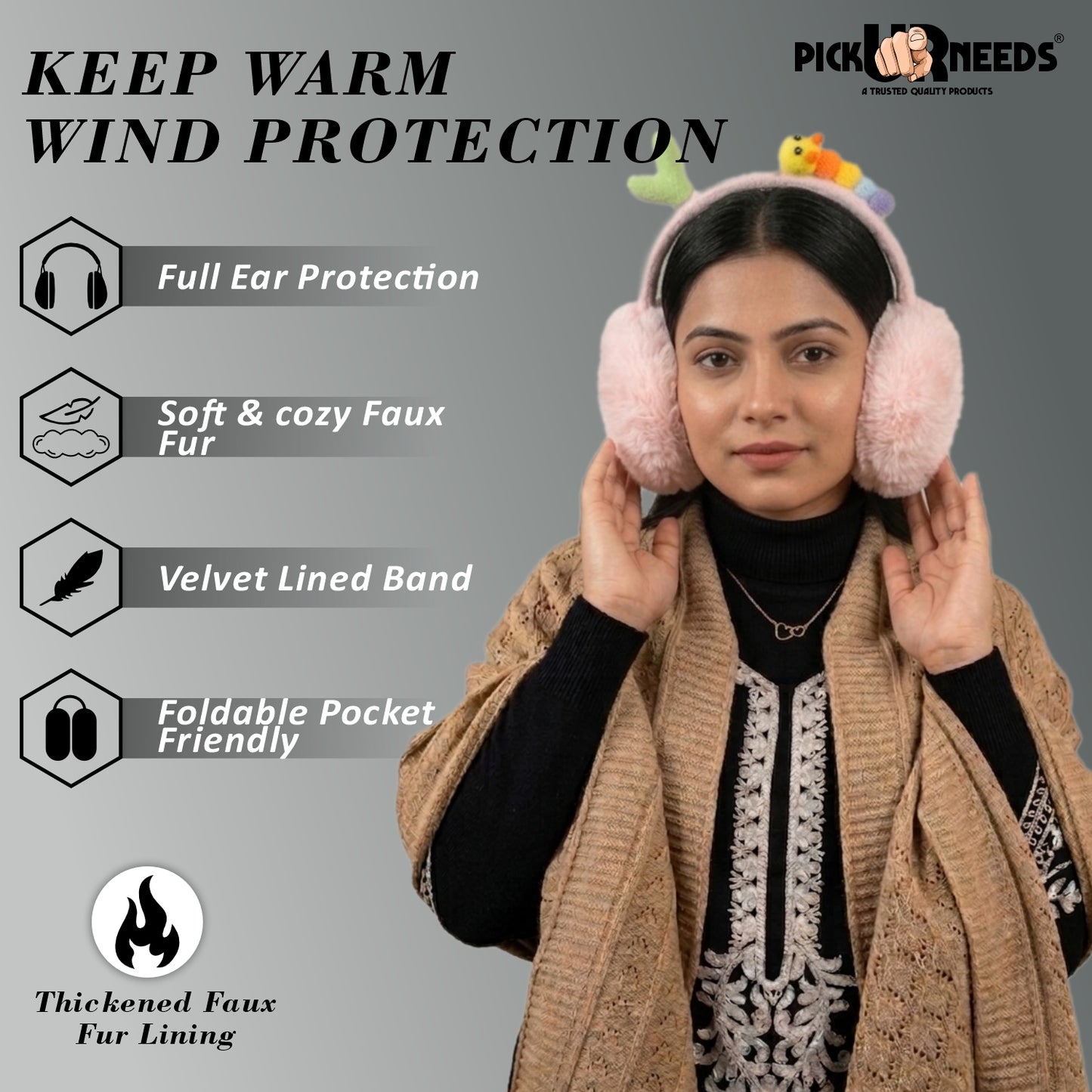 Pick Ur Needs Cute Caterpillar Ear Muffs for Women & Girls – Fluffy Plush Winter Earmuffs, Ear Warmers, Soft Cozy Outdoor Accessory