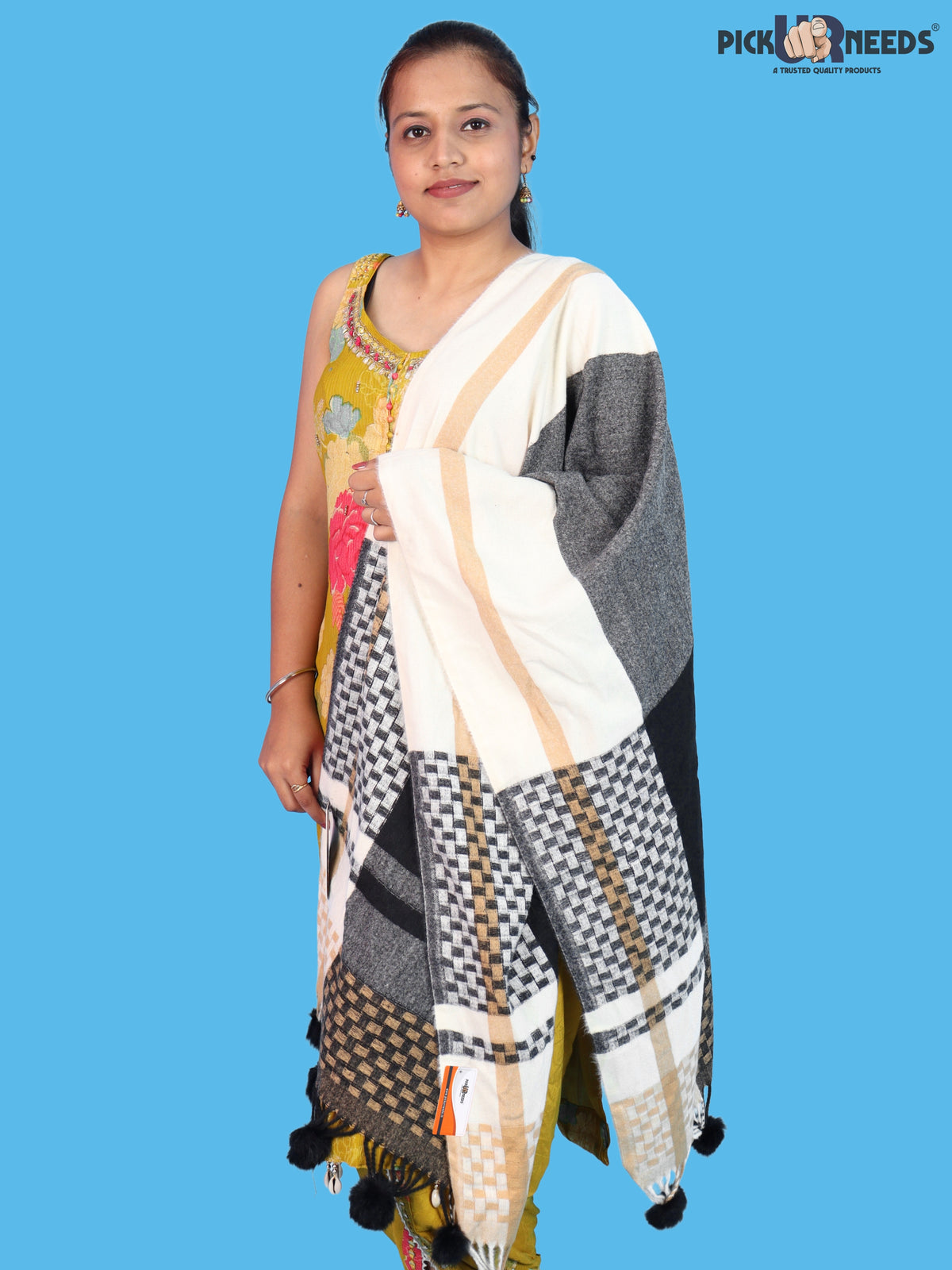 Pick Ur Needs Women Designer Winter Shawl with Geometric Checkered Pattern Shoulder Wrap with Tassels Stylish Stole for Girls Party, Casual & Ethnic Wear