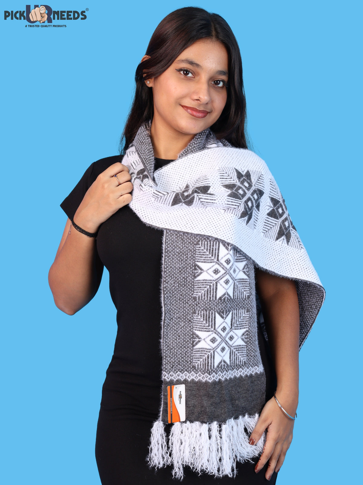 Pick Ur Needs Women & Girls Reversible Knitted Winter Muffler, Soft Warm Woollen Scarf with Geometric Pattern and Tassels, Lightweight Dual-Sided Winter Wrap