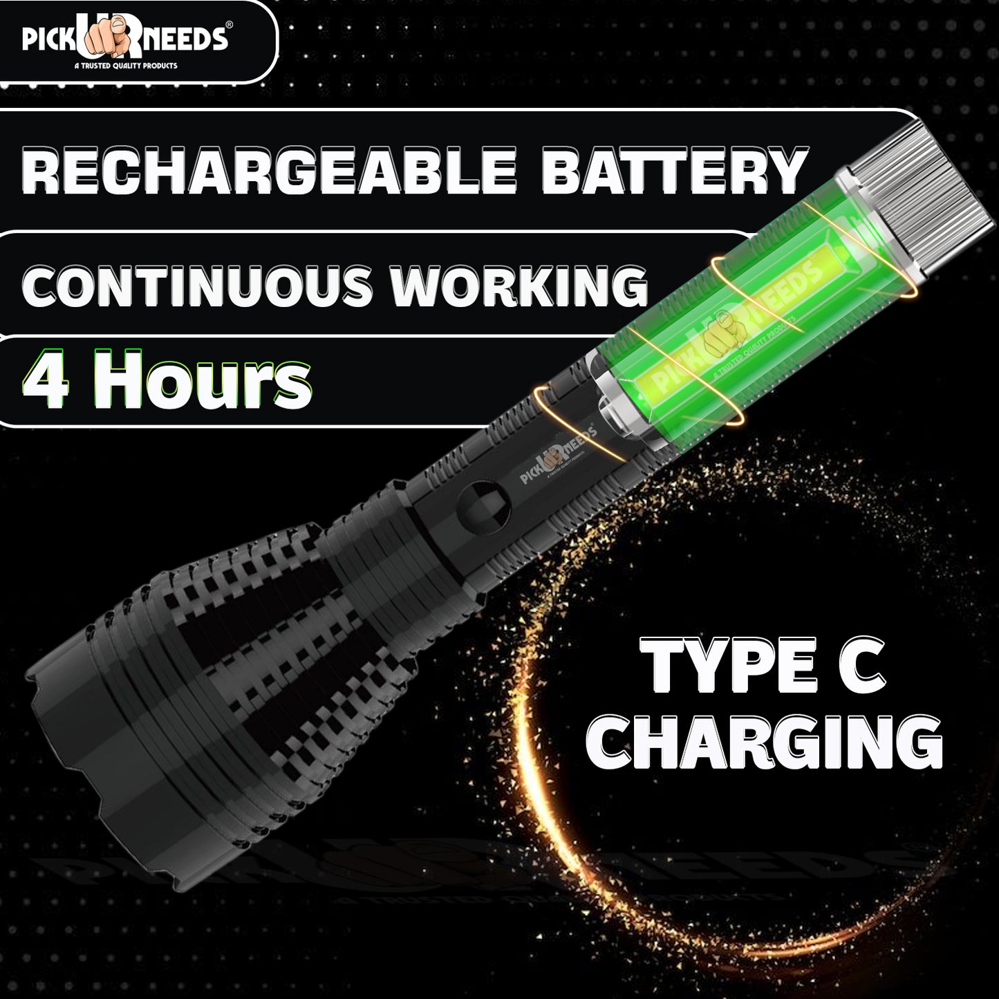 Pick Ur Needs Rechargeable 75W LED Torch Light With 3 Brightness Mode+C Type Charging+Side COB 4 hrs Torch Emergency Light