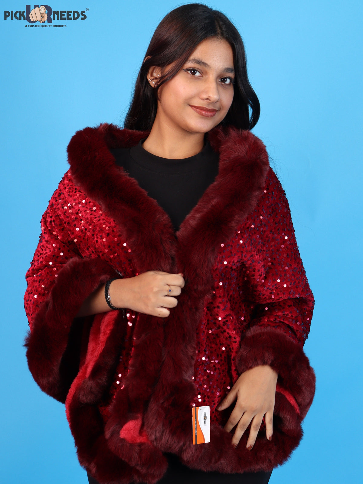 Pick Ur Needs Luxury Shrug for Women Sequin Outerwear with Soft Fur Collar Shawl Evening Wrap Poncho