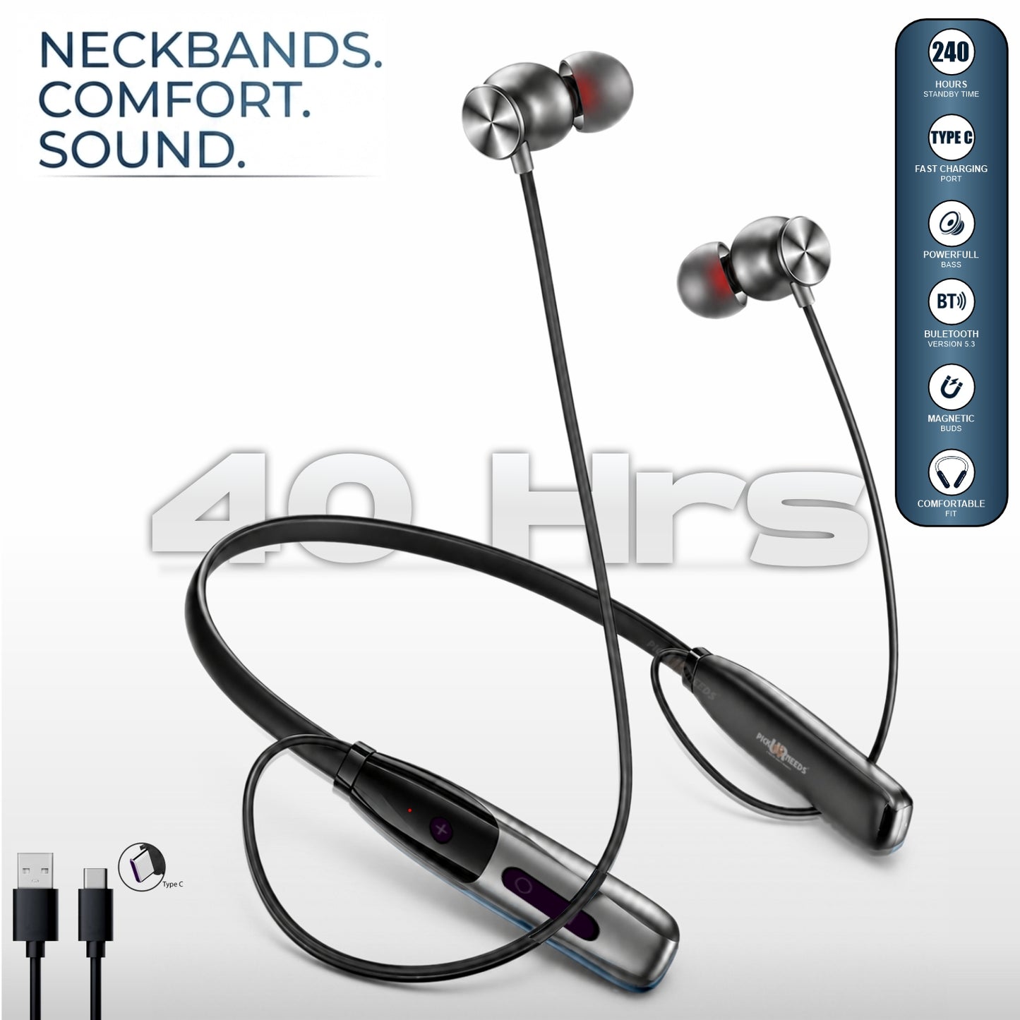 Bluetooth Wireless Neckband Earphones with Deep Bass Lightweight 40hrs Playtime