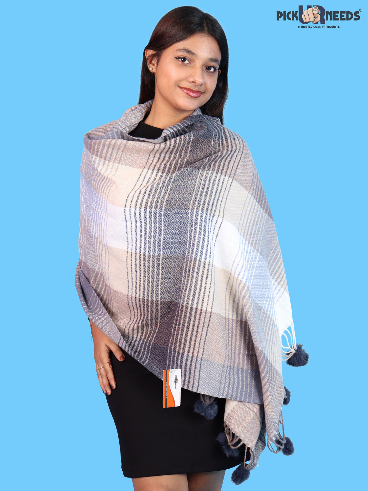 Pick Ur Needs Women & Girls Winter Shawl Soft Warm Striped Pattern Shawl with Tassel & Pom Pom Border Stylish Ladies Winter Wrap