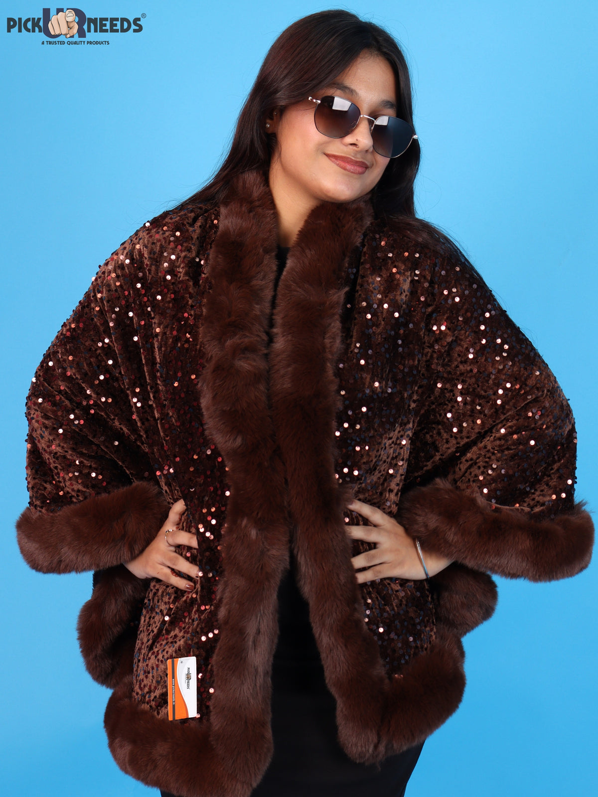 Pick Ur Needs Luxury Shrug for Women Sequin Outerwear with Soft Fur Collar Shawl Evening Wrap Poncho