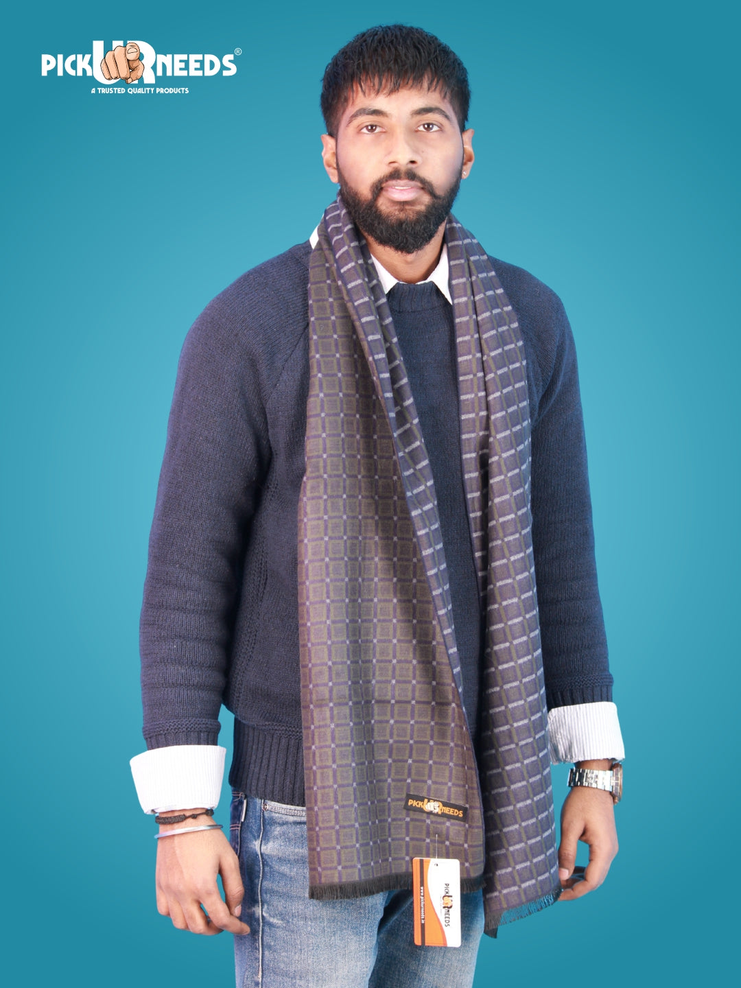 Pick Ur Needs Wool Blend Muffler for Men Soft Winter Scarf with Elegant Checks All-Day Comfort