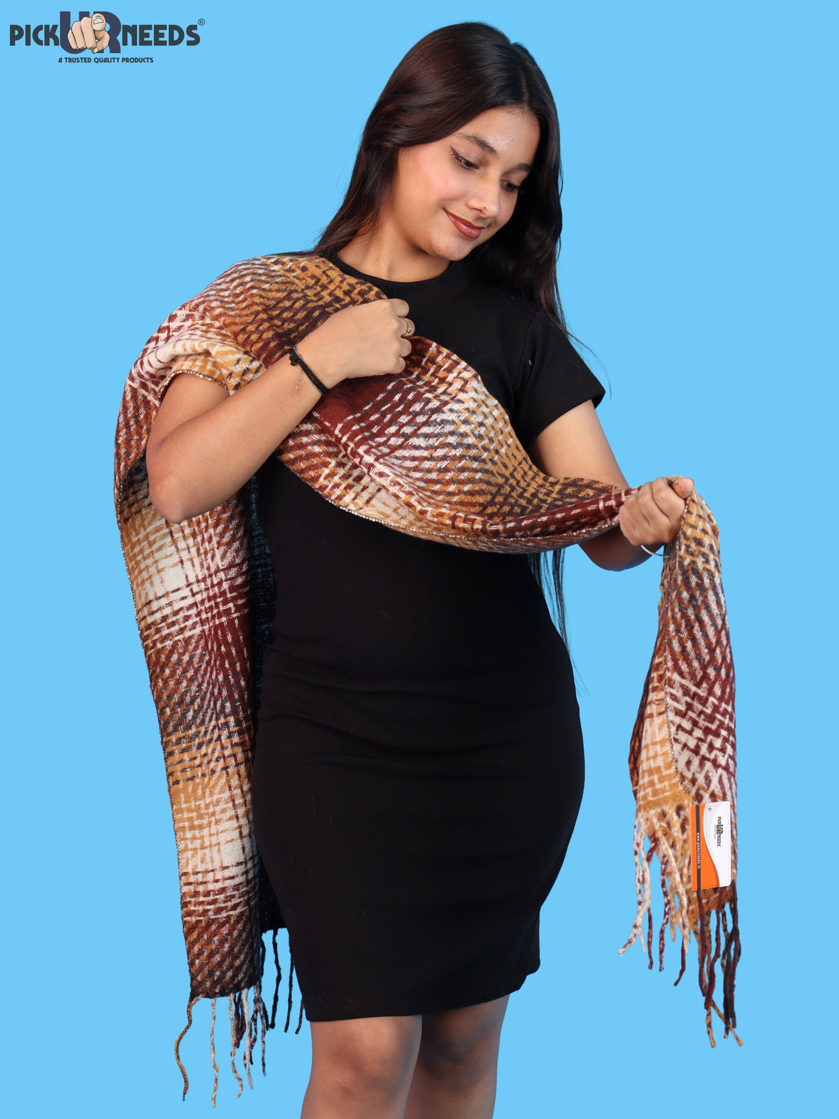 Pick Ur Needs Soft Woolen Girl's Muffler Scarf with Elegant Check Pattern,Warm & Cozy Winter Neck Wrap, Stylish Fringed Stole for Women & Girls