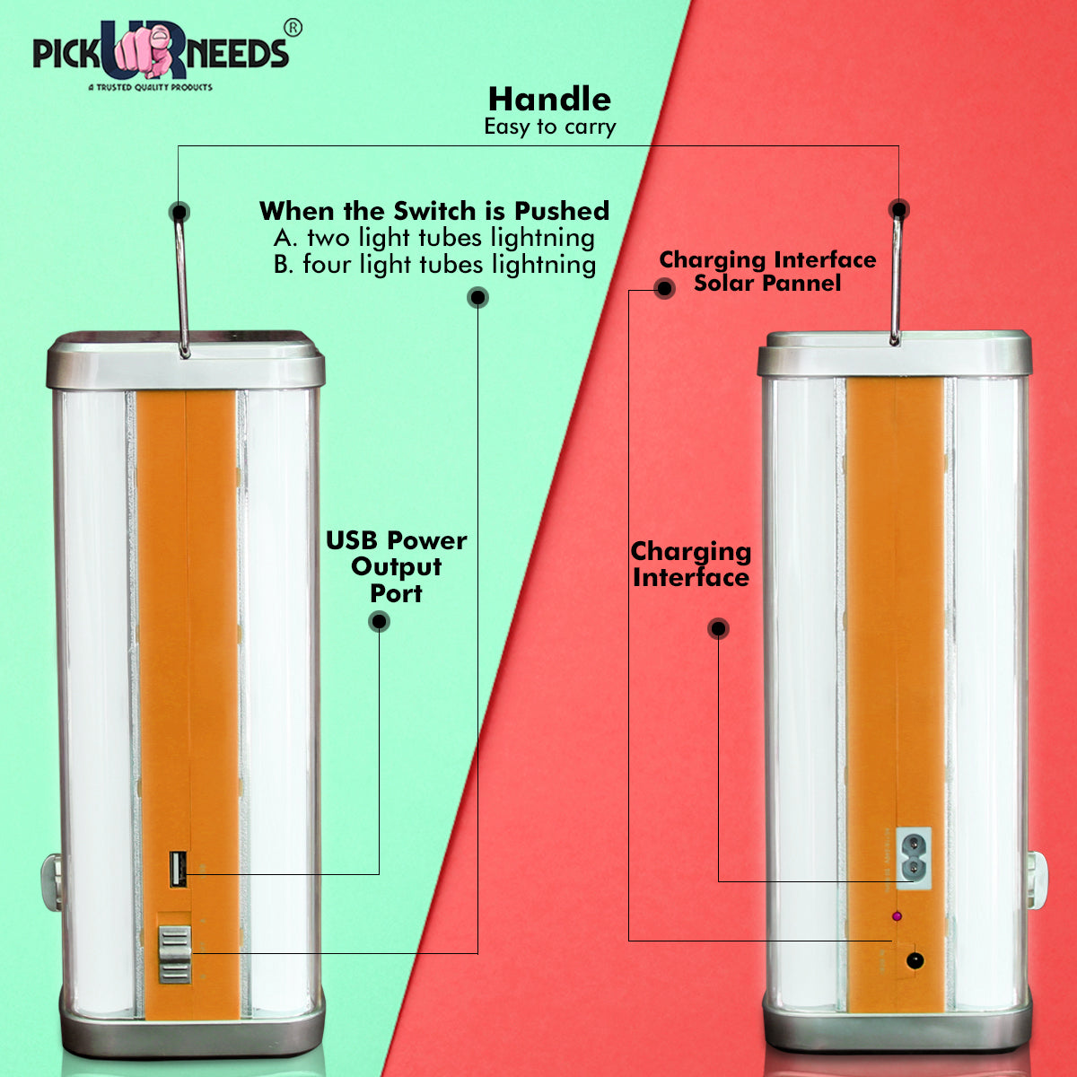 Pick Ur Needs High Range Rechargeable Home Emergency 4 Tube Lantern Light with with Solar Panel(3W+9V)